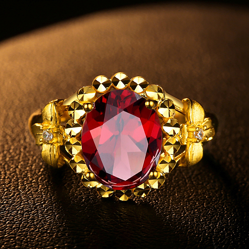 周大福 999_墨者善石黄金戒指开口女士款足金镶红色石榴石宝石纯金送