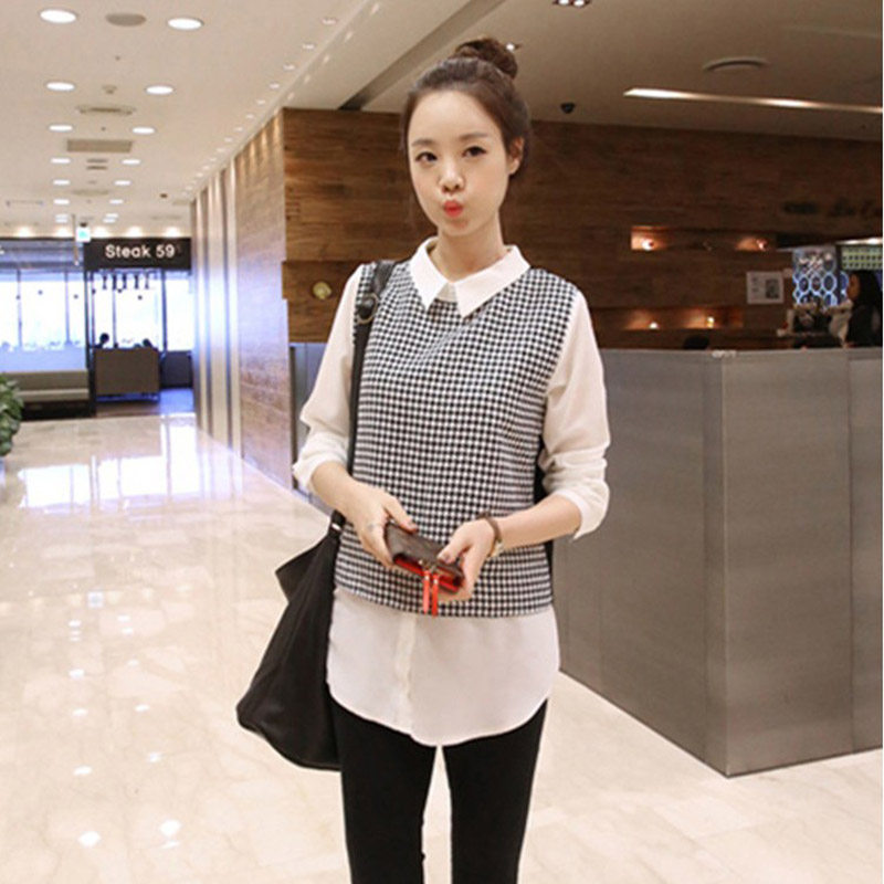 韩版千鸟格假两件套衬衫长袖女士衬衣优惠券