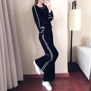 御姐套装女神洋气2019春装新款坠感阔腿裤显瘦金丝绒两件套裤时尚