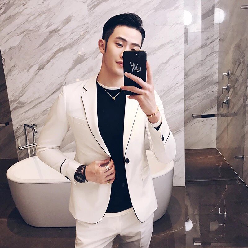 韩版西装男 修身_2018西服套装新款修身一粒单排扣西装发型师新郎伴郎
