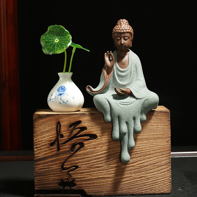 创意中式禅字木头紫砂摆件禅意小和尚 家居装饰陶瓷小和尚工艺品