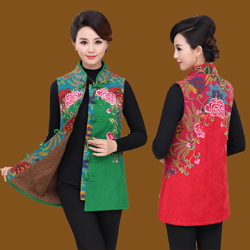 秋冬款_中老年民族风马甲加绒夹棉中长款妈妈装秋冬款唐装立领坎肩