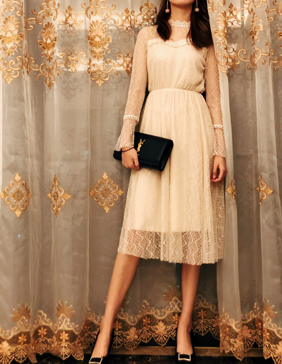 喇叭袖蕾丝连衣裙女_ensconce 一蔻 连衣裙中长款女秋冬2018新款韩版