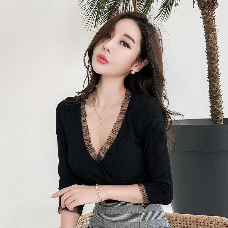 热销交叉v领上衣_性感低胸气质女人味衣服秋装2018新款长袖打底t恤