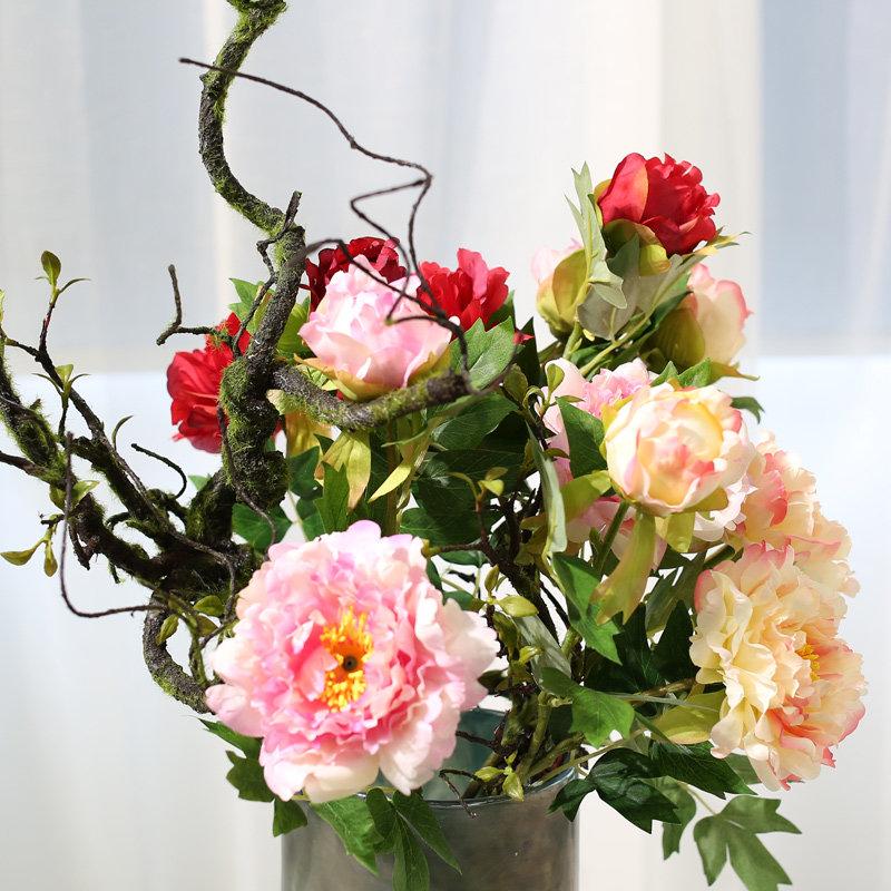 双头牡丹花家庭装饰花室内仿真花束插花家居客厅摆设绢花装饰花艺