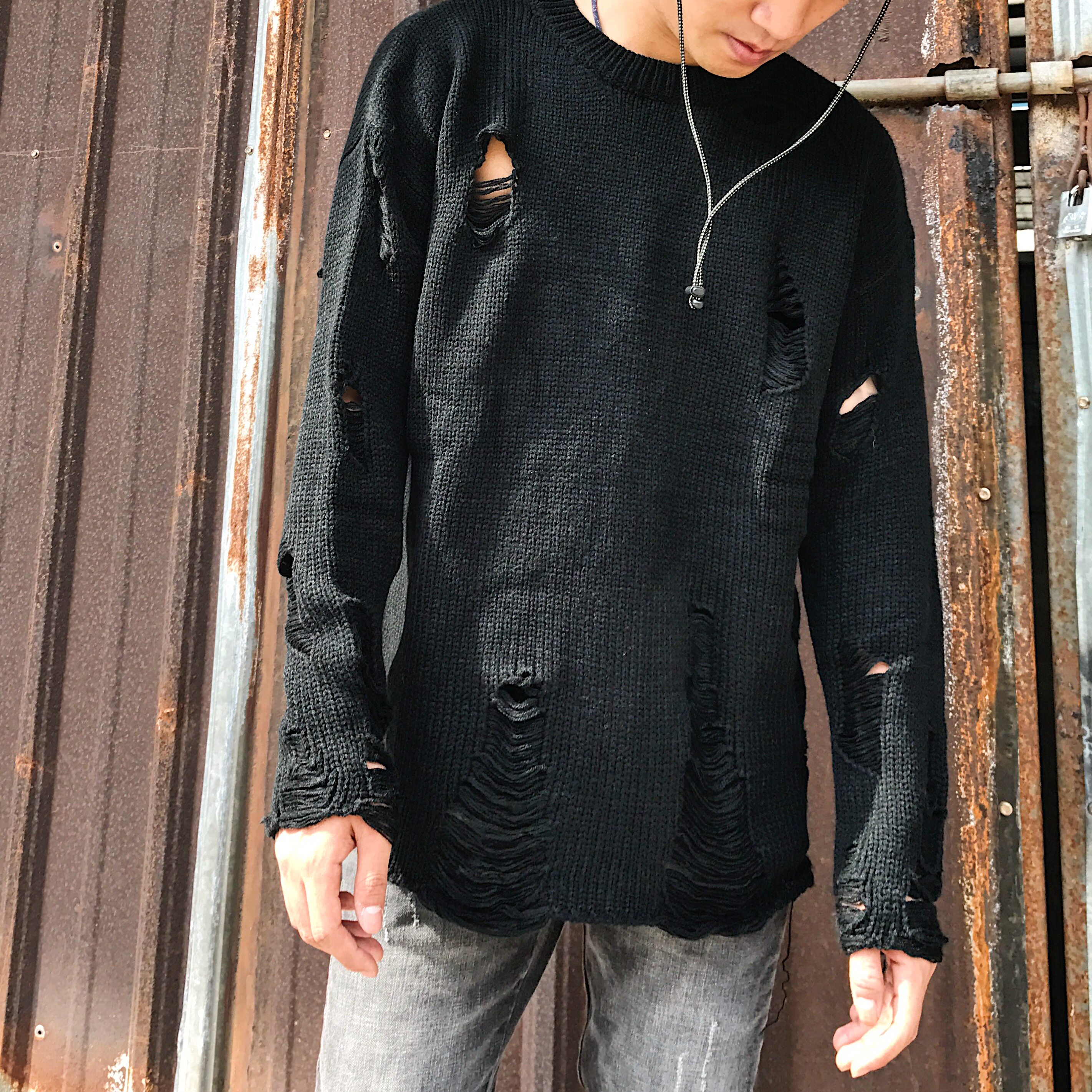 kanye west同款oversize破坏破洞磨破针织毛衣bf风潮男秋网红韩版