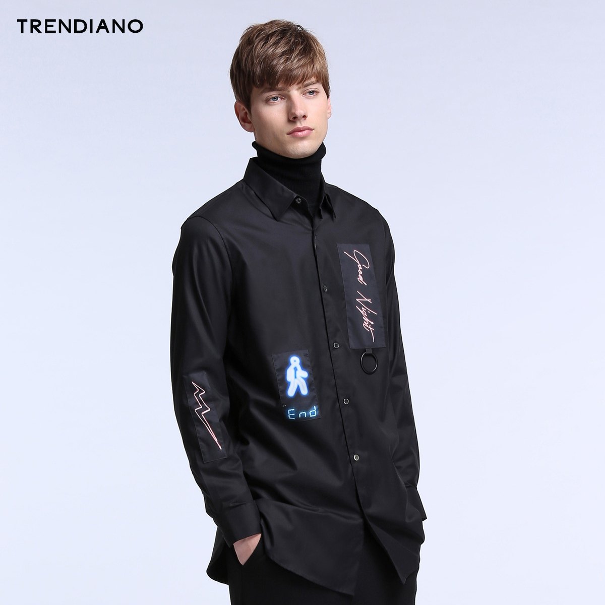 trendiano男装秋装宽松字母中长款纯棉长袖衬衫3je3016860