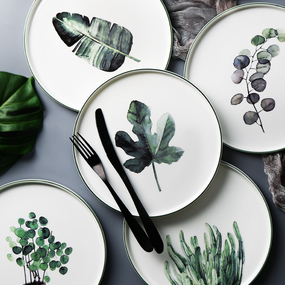 半房北欧绿叶风骨瓷盘子手绘清新西餐盘牛排盘