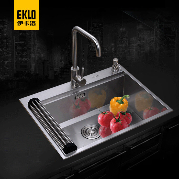 伊卡洛 厨房304拉丝不锈钢水槽单槽 手工加厚洗菜盆 洗碗池套餐