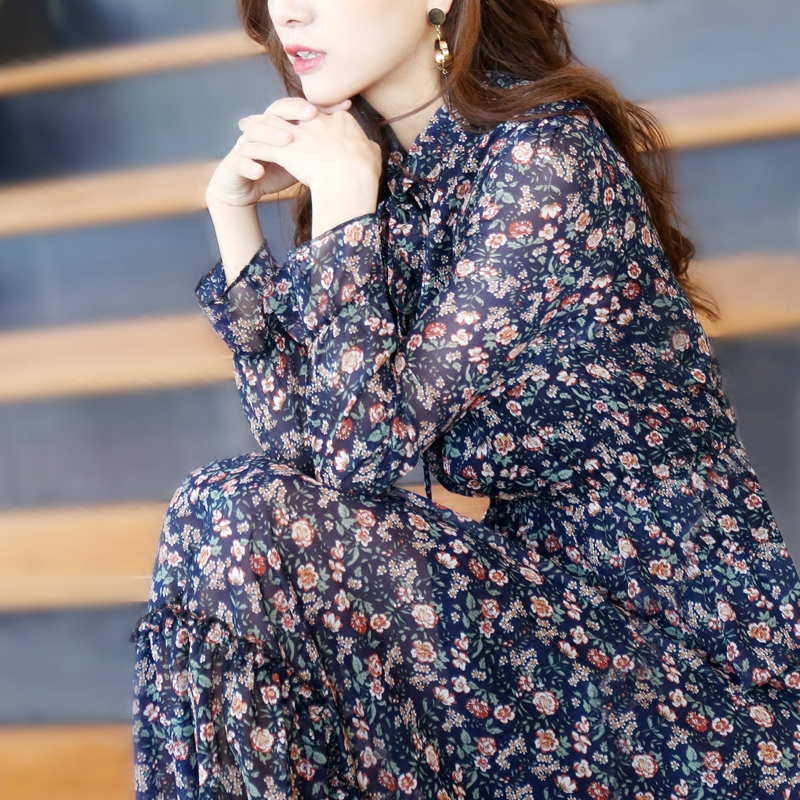 chic长裙夏小碎花连衣裙女长袖雪纺中长款显瘦 韩版学生印花裙子