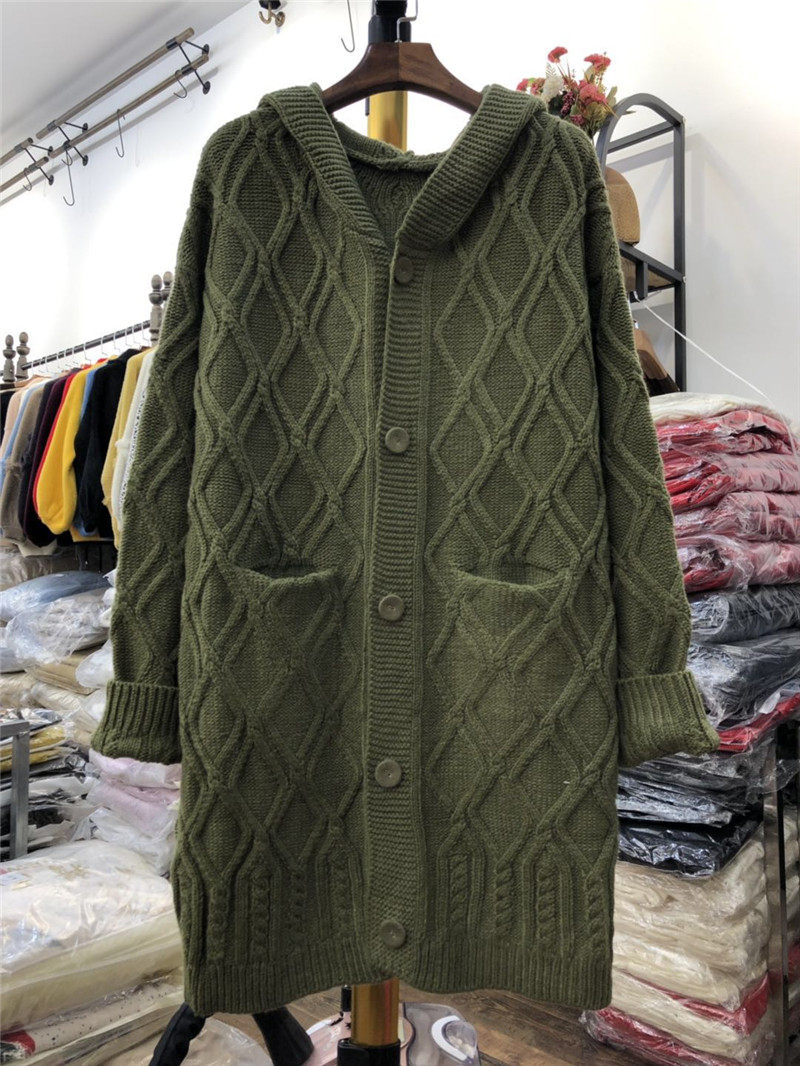 针织开衫女中长款秋冬_zl9麻花连帽中长款外套针织衫2018秋冬新宽松