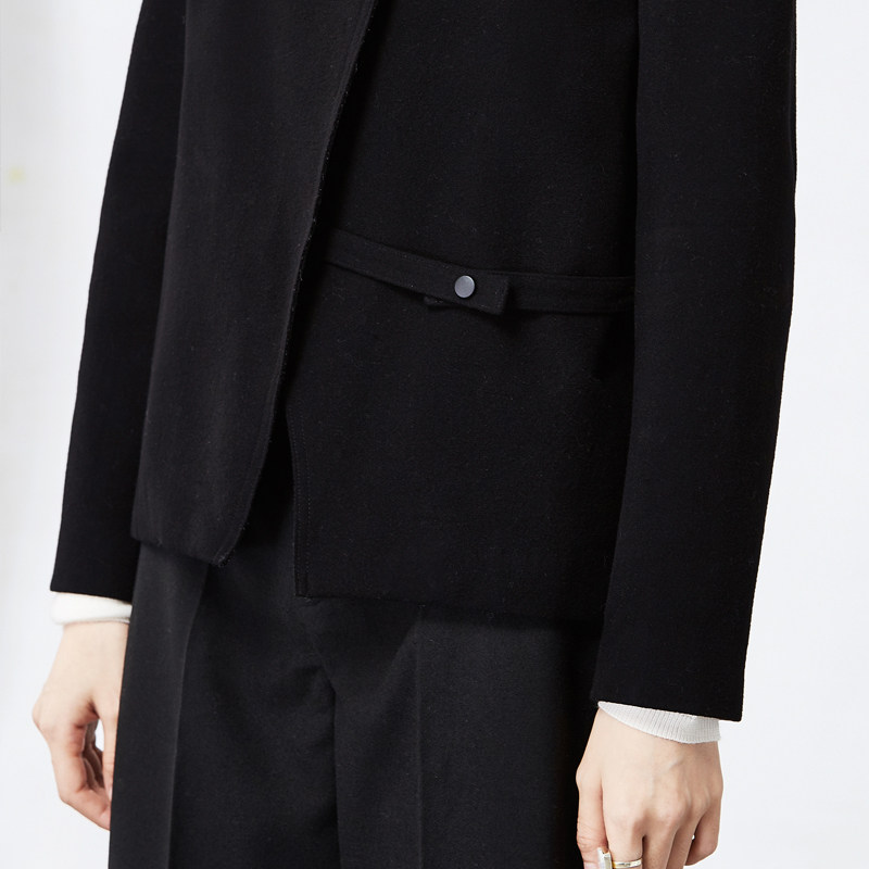 amiiredefine2016冬简洁圆领斜门襟毛边袢带毛呢外套女61684276