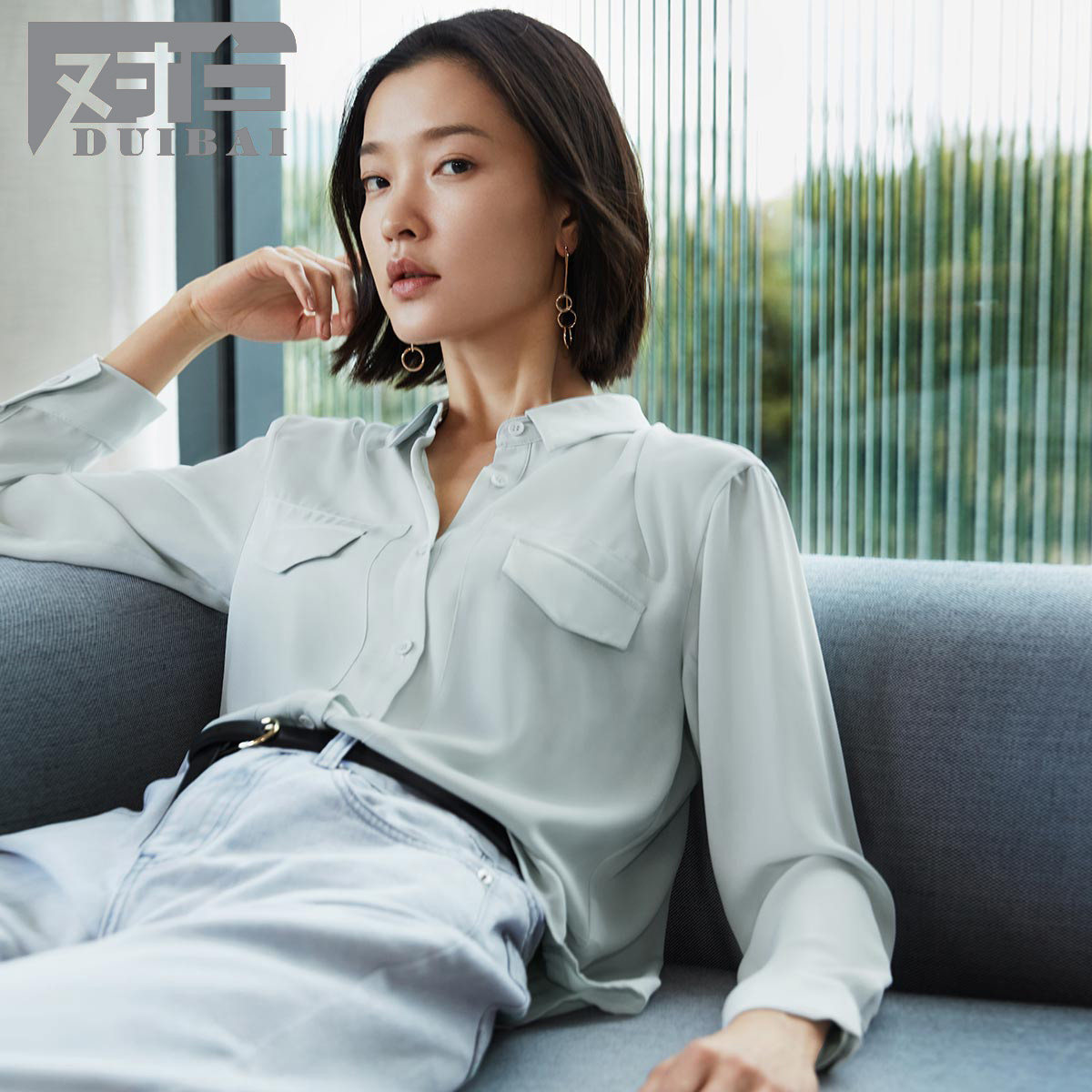 【杜鹃同款】对白白衬衫女长袖春秋装寸衫简约百搭休闲通勤雪纺