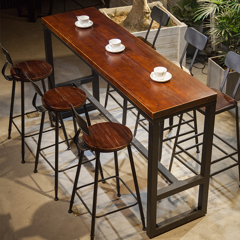 实木_实木吧台桌复古靠墙休闲娱乐星巴克桌酒吧咖啡厅常用高脚桌椅