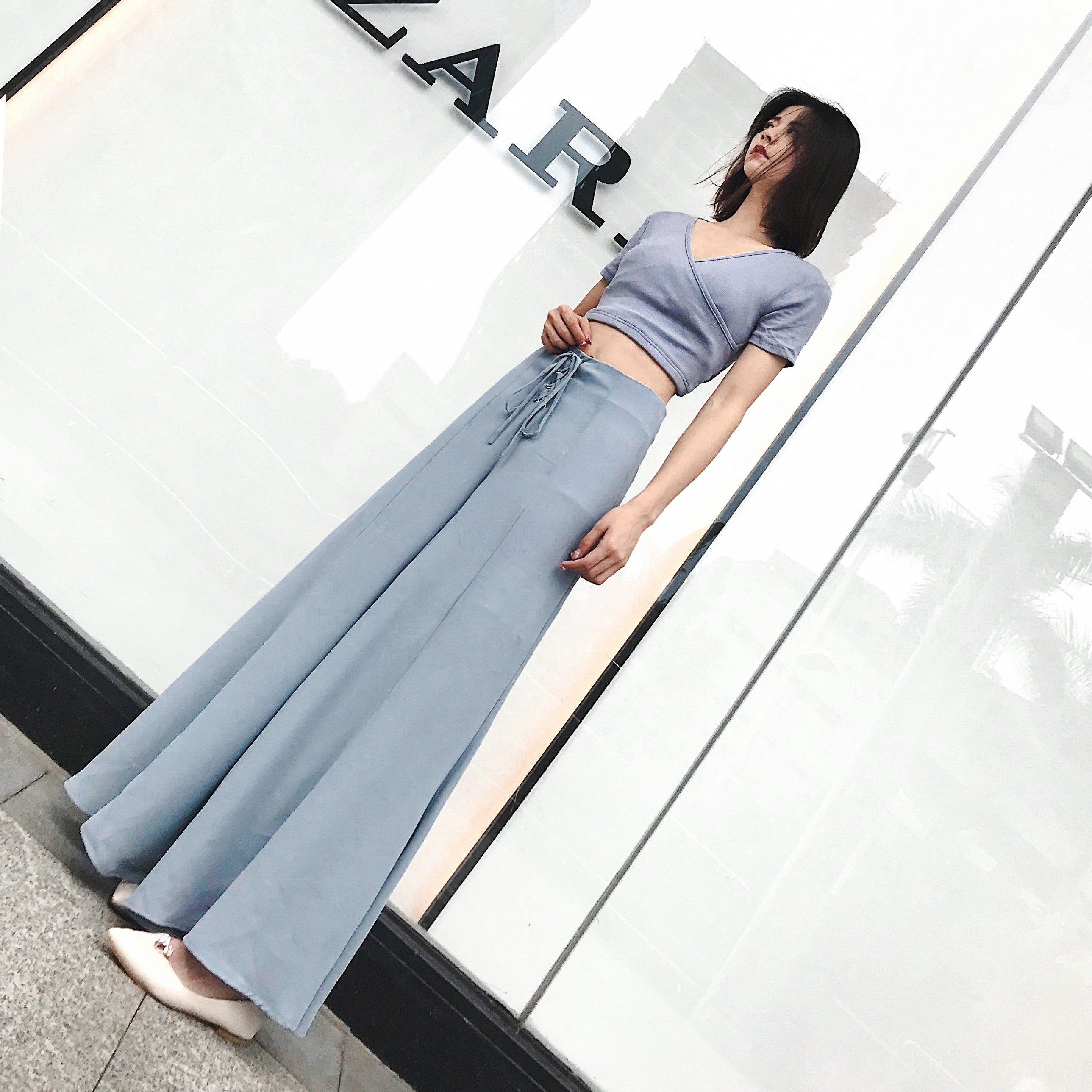 2018新款冰丝雪纺阔腿裤女夏季韩版薄款宽松高腰宽腿裙裤长裤子女