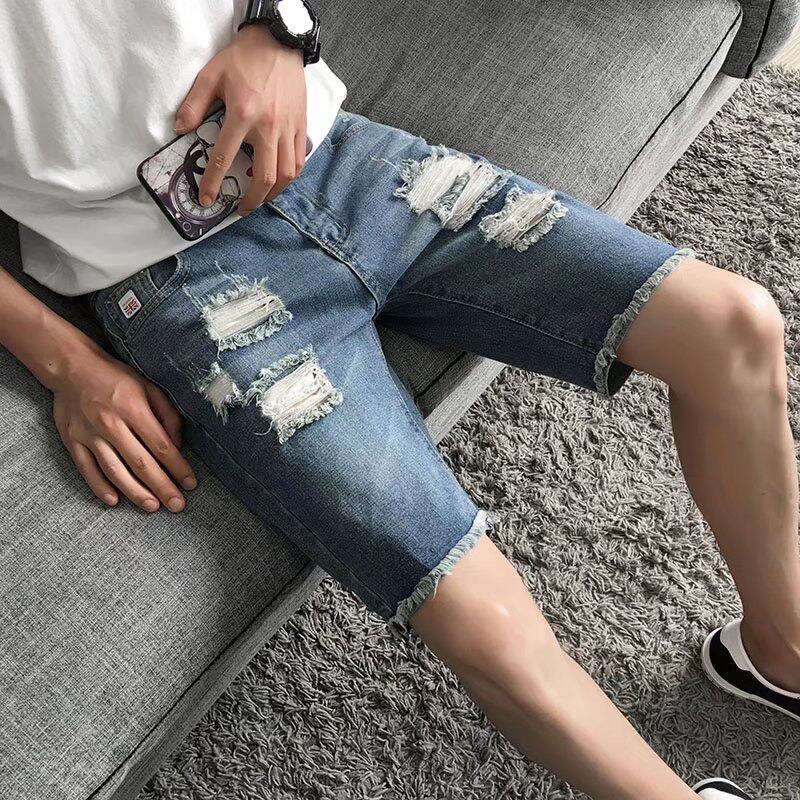 乞丐破洞牛仔裤男 刮烂_2018新款薄款刮烂短裤男韩