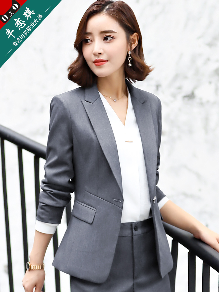 女士西装套装正装_灰色西装套装女工作服职业装女装2018新款小香风