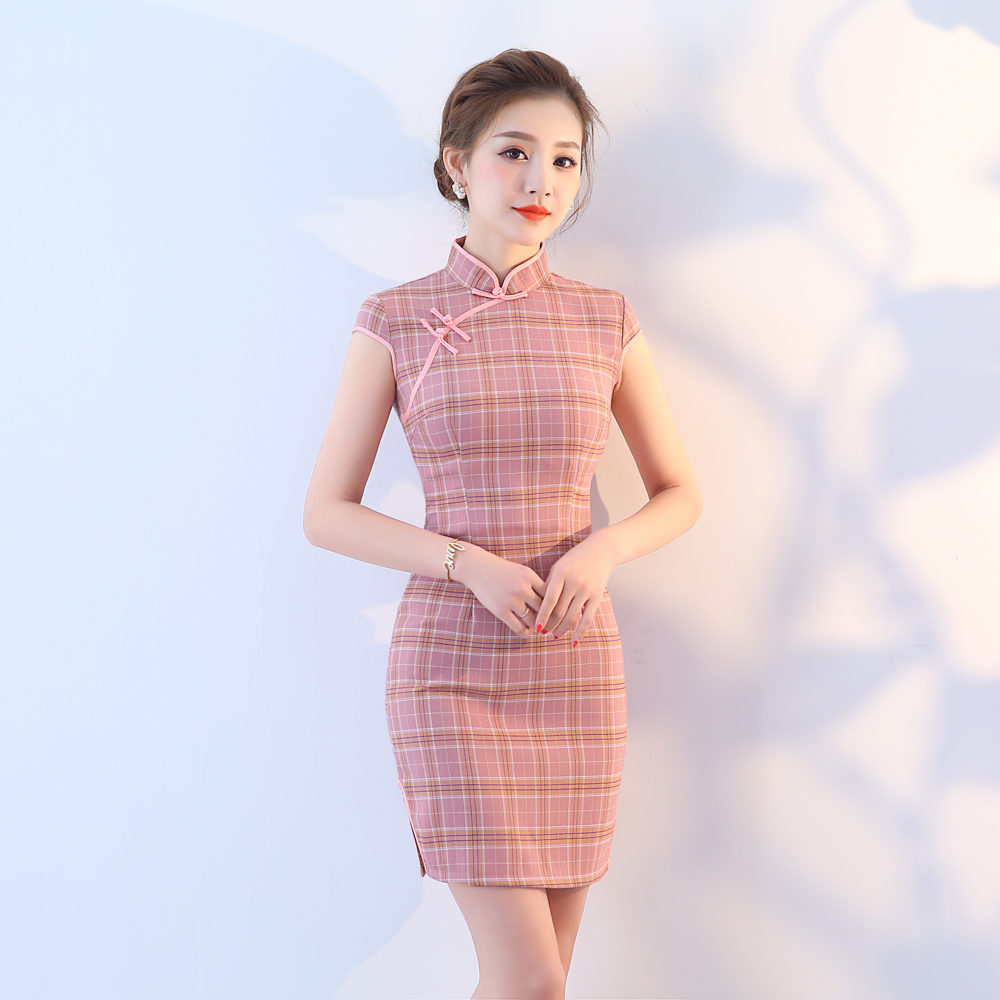 特价老上海旗袍_老上海现代新式旗袍年轻款格子少女日常夏民国改良