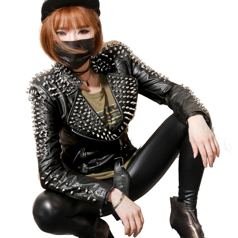秋冬新款欧美朋克摇滚女装铆钉pu皮衣女短款修身机车夹克皮外套潮