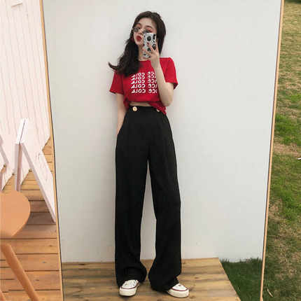 短袖女夏季新款韩版时尚套装印花字母T恤+高腰拖地阔腿长裤两件套