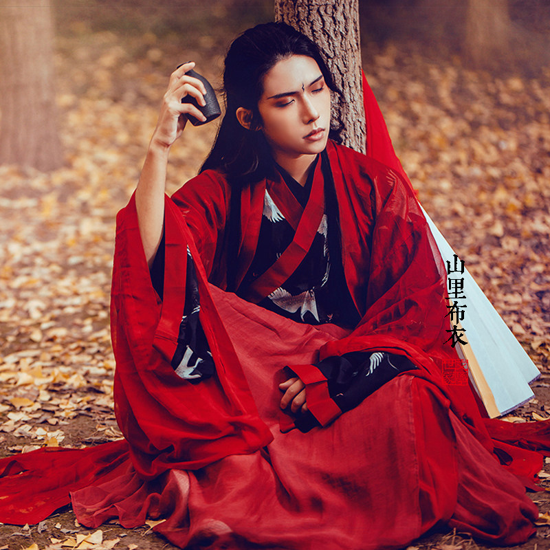 特价甄嬛传古装服装冬装_红色古装男装抖音汉服男古风套装魏晋风广袖