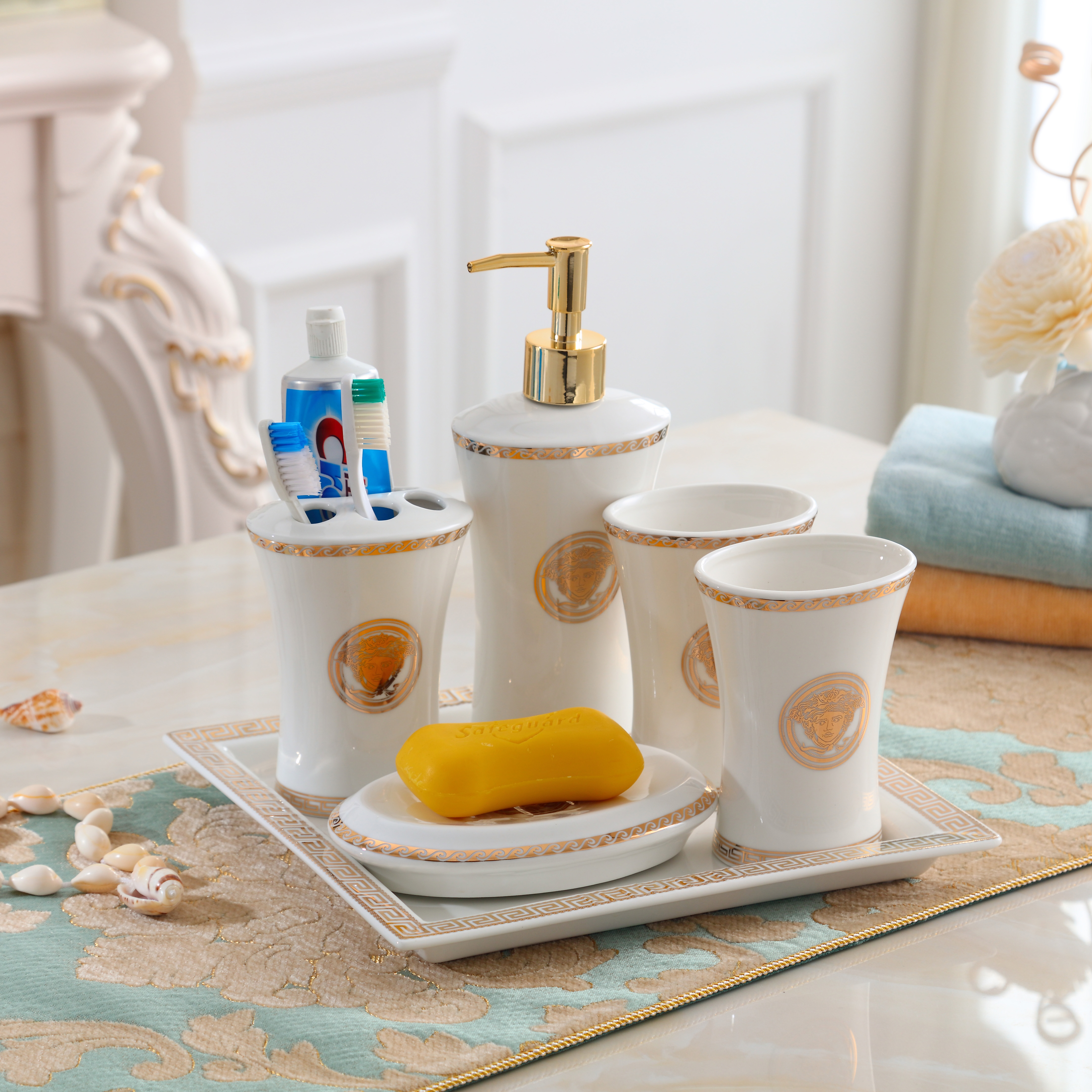 高档_欧式高档陶瓷卫浴五件套带托盘洗漱套装卫生间漱口杯浴室用品