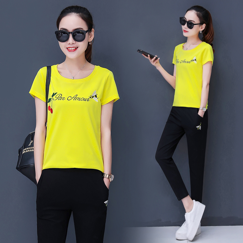 夏季运动服套装女短袖2018新款圆领显瘦休闲套装女刺绣两件套