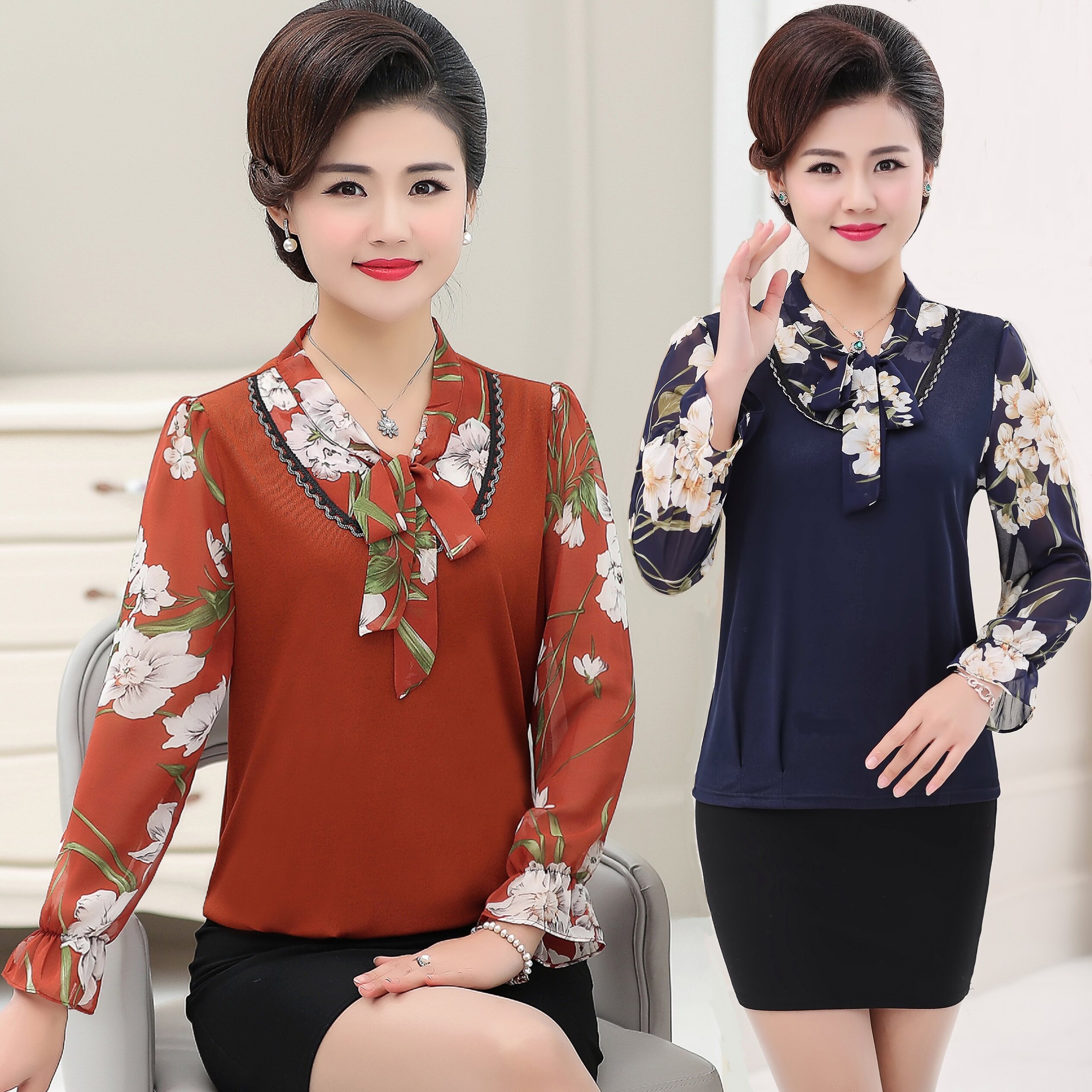 雪纺t恤女长袖_妈妈春装长袖t恤40-50岁人小衫中老年人女装上衣打底衫