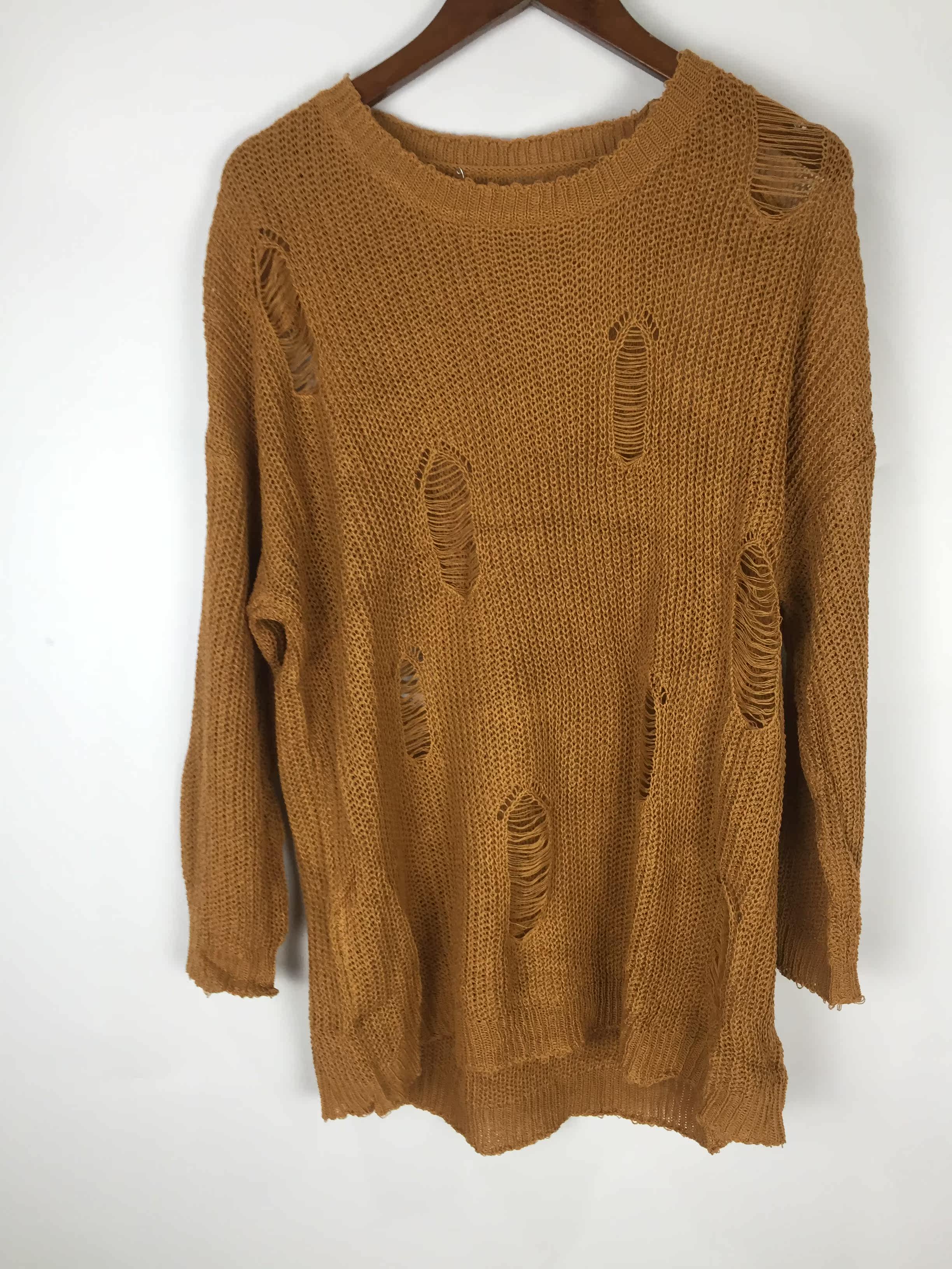 大码女装潮 显瘦_【大码女装黄丽】18年秋款时尚潮流百搭显瘦破洞毛衣