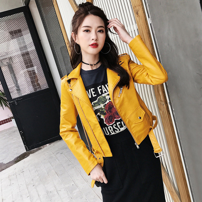 2017秋装新款韩版女装黄色短款皮衣女机车皮夹克上衣百搭显瘦外套