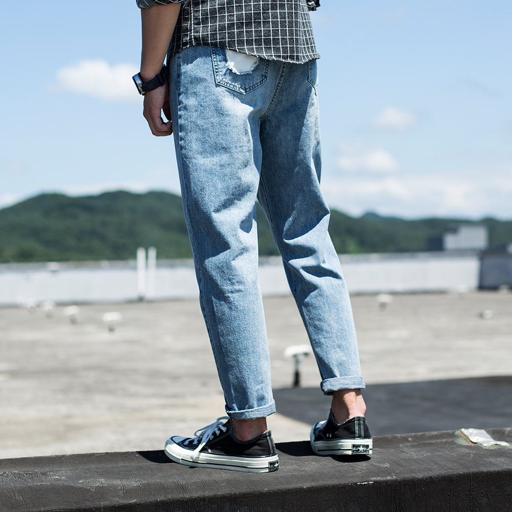 soyisu简约水洗宽松直筒牛仔裤男士纯色休闲牛仔哈伦裤潮长裤子优惠券