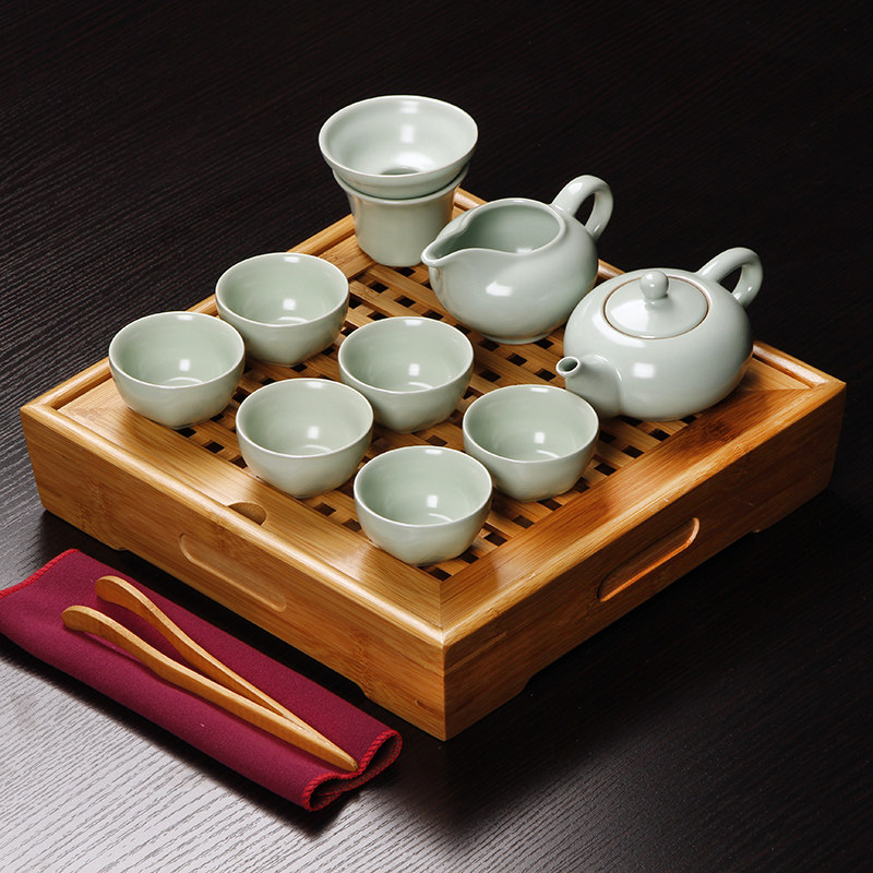 家用迷你功夫整套装茶具紫砂陶瓷茶杯办公室简易蓄水小四方竹茶盘