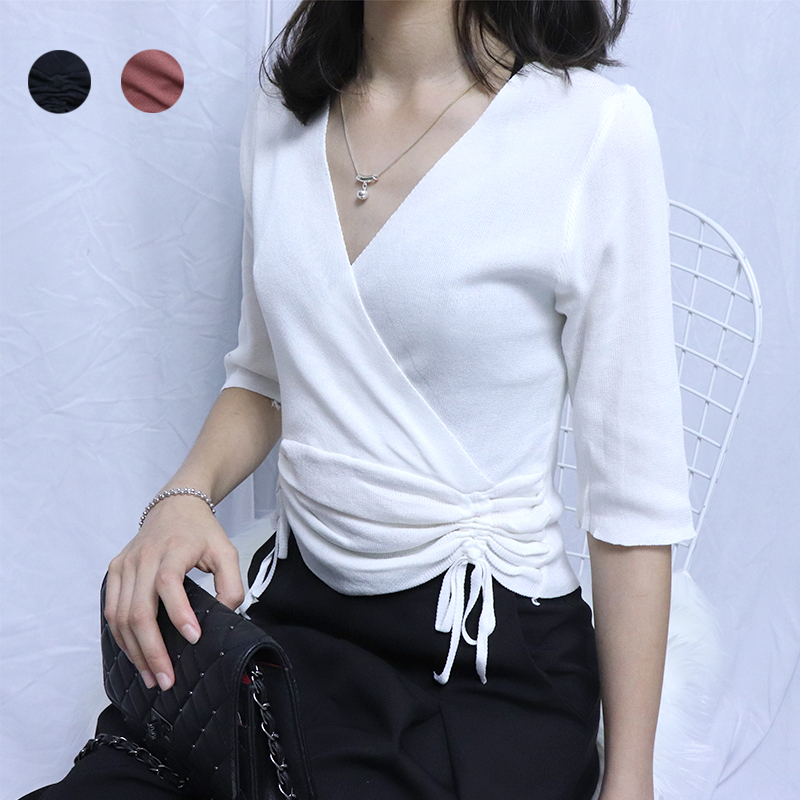热销交叉v领上衣女针织