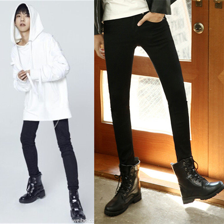 天籁之战明子之子华晨宇同款水洗欧美做旧破洞牛仔裤小脚裤拉链黑