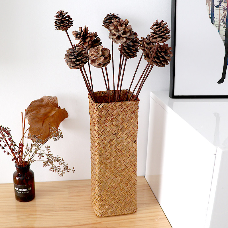 干花花瓶 草编_北欧手工编织花瓶草编藤编客厅松果松塔松球干花花束