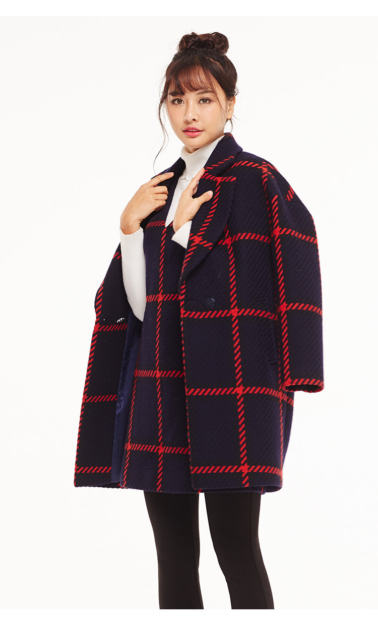 【尾单】冬季新款女装红格格羊毛插肩袖宽松毛呢大衣外套编织呢