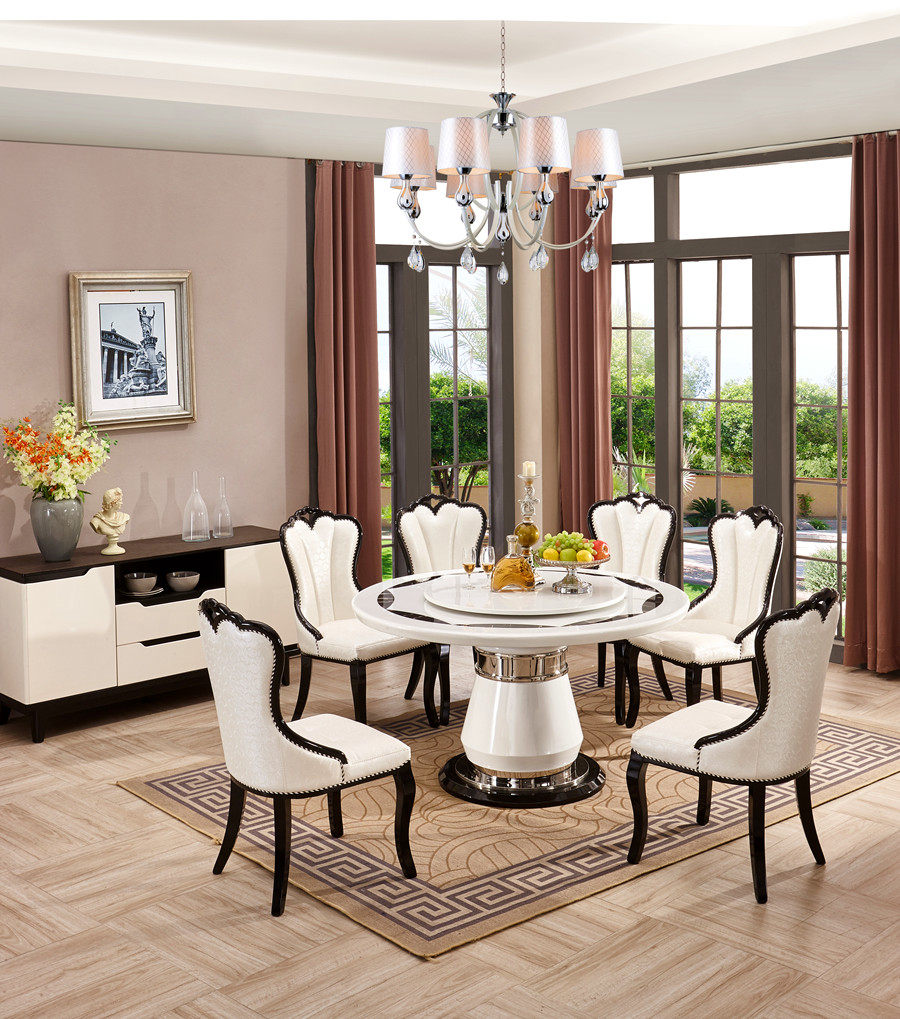 大理石圆形餐桌椅组合餐台白简约现代带转盘饭桌6人家用欧式圆桌