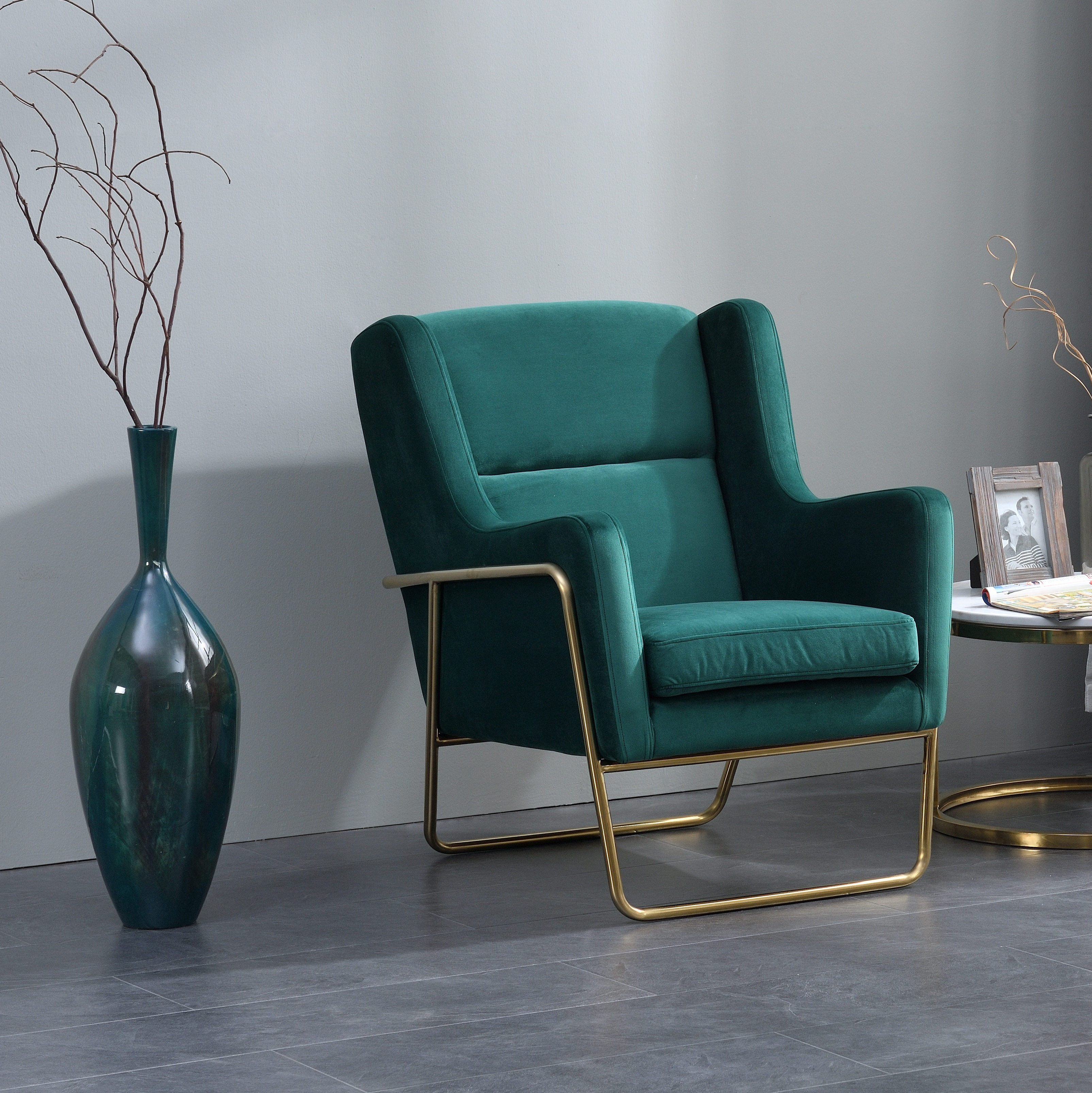 单人沙发 北欧风格_北欧风格单人位丝绒沙发墨绿色躺椅不锈钢简约现代