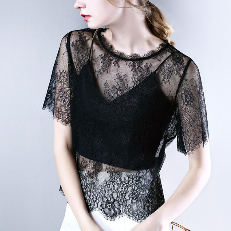 蕾丝衫女新款2018夏季睫毛罩衫性感透视单层网纱短袖内搭镂空上衣