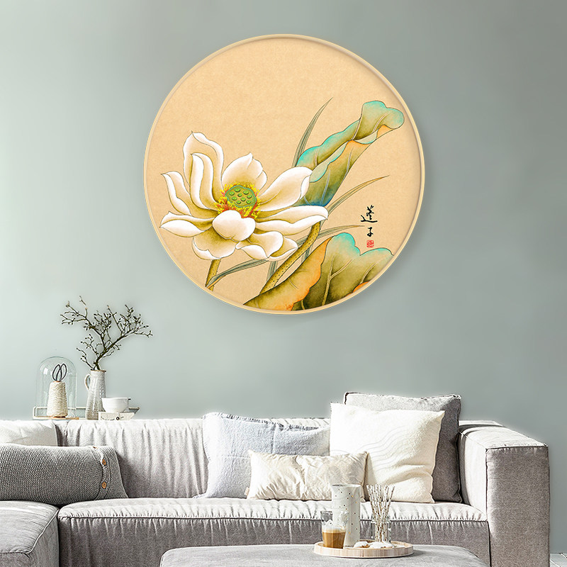 实木现代简约圆框画 山水画客厅装饰画 玄关水墨国画书房挂画壁画