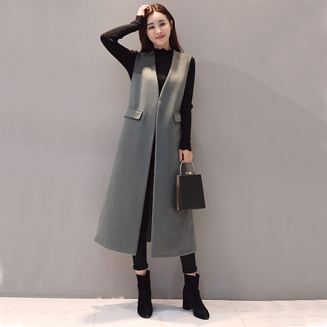 2018春装新款毛呢马甲外套女韩版中长款过膝开叉无袖呢大衣女百搭