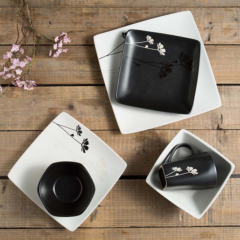 东进陶瓷 家用时尚个性手绘小雏菊陶瓷餐具 黑白色陶瓷碗盘碟套餐