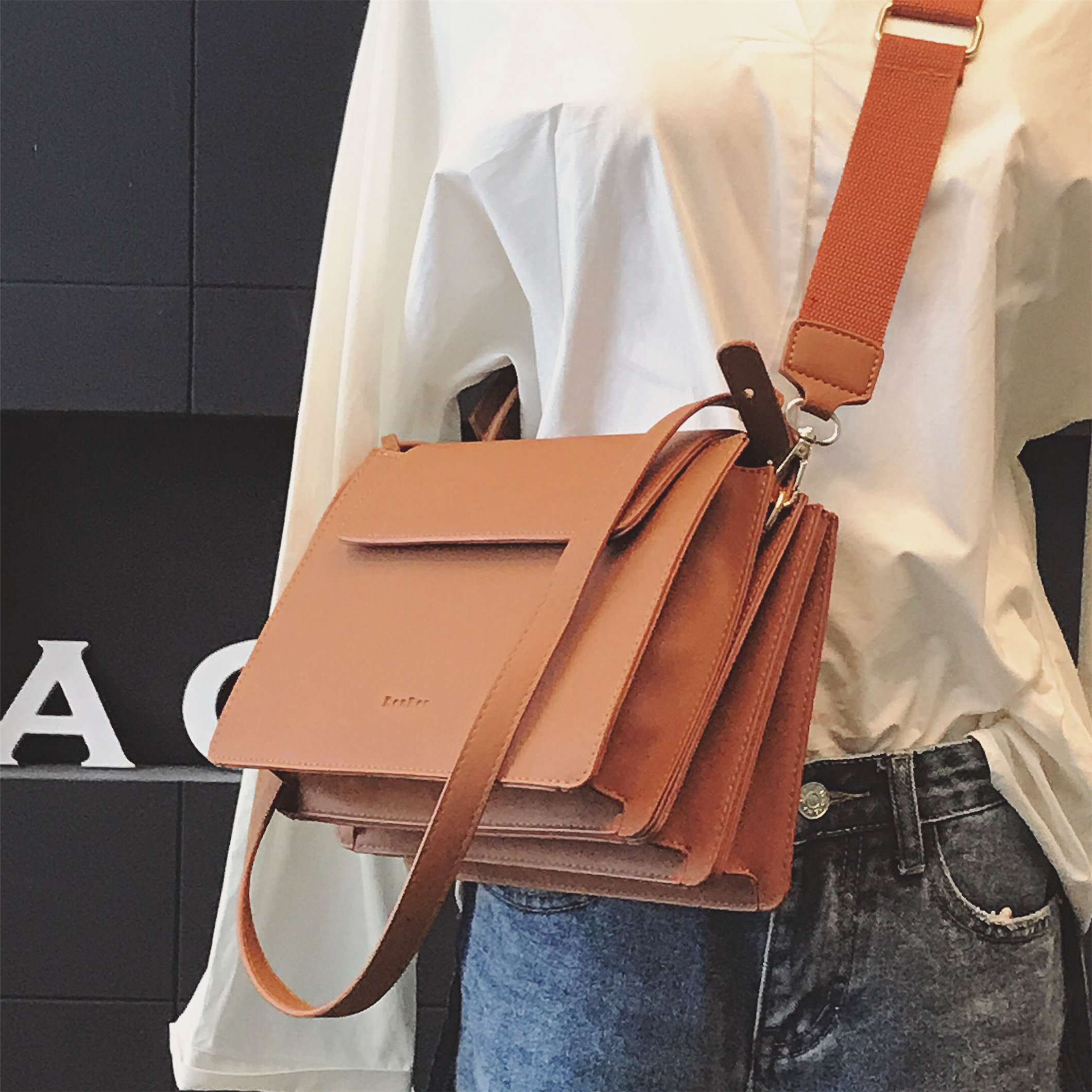 包包女2017新款女包韩版小方包简约宽肩带风琴