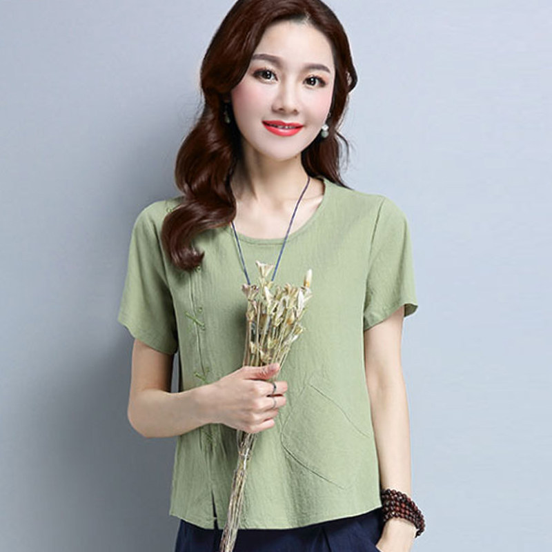 棉麻t恤女短袖宽松夏装2018新款文艺显瘦时尚百搭体恤刺绣花上衣