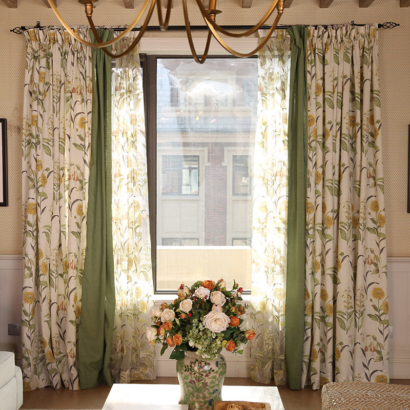 豆蔓家居美式窗帘田园花朵拼接定制卧室客厅阳台成品印花纱窗帘