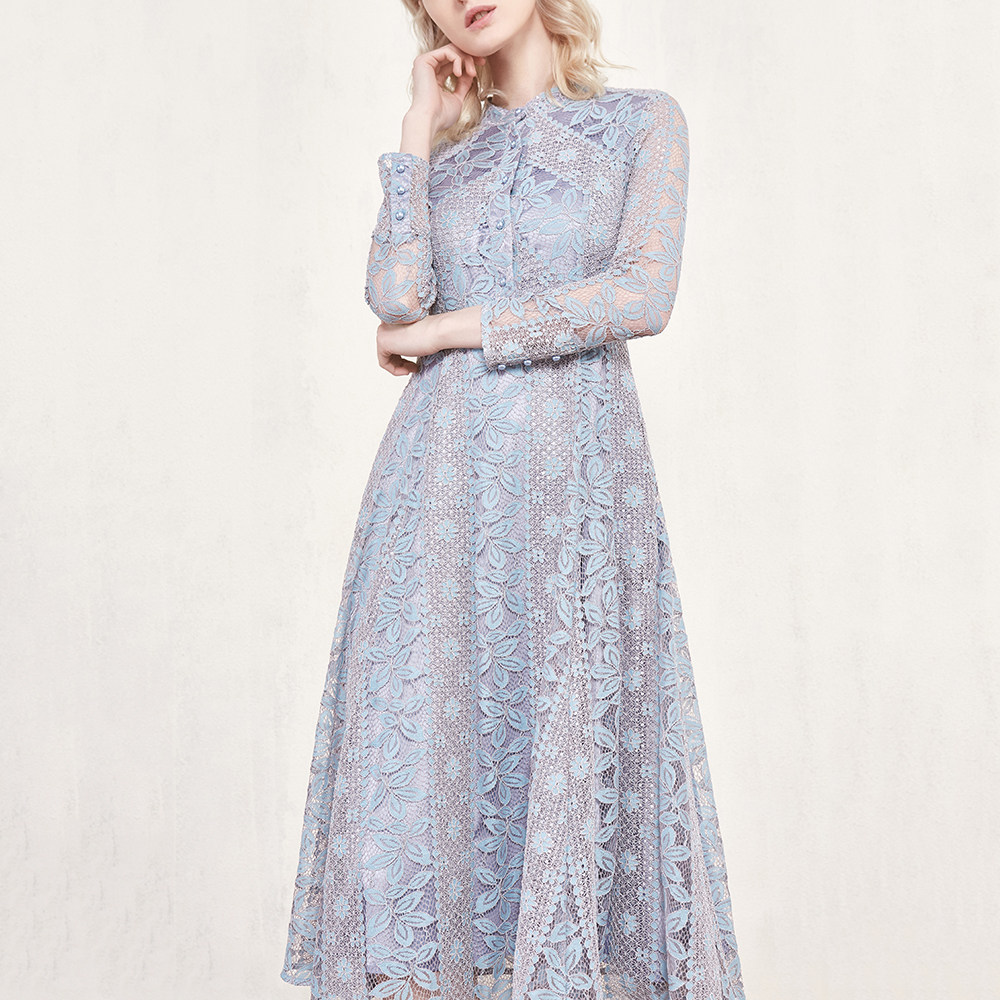 中长款_奥芝国中长款过膝蕾丝收腰网纱裙子2019春季新款法国小众