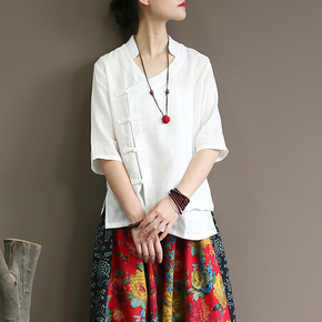 2018夏季新款棉麻白衬衣中式复古文艺宽松显