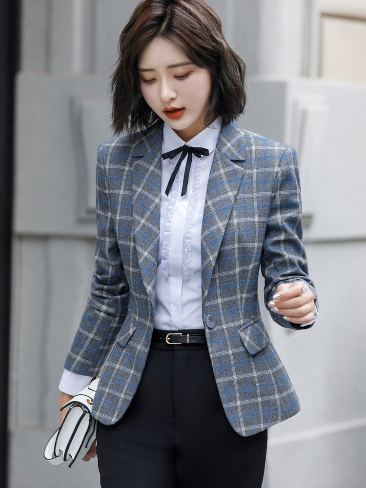 一折西装外套女格子套装