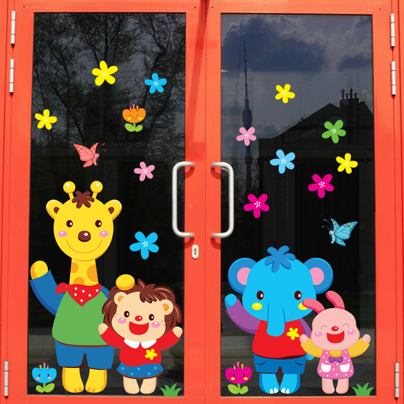 可移除墙贴_幼儿园布置装饰玻璃门双面贴儿童卡通欢迎光临可移除墙贴