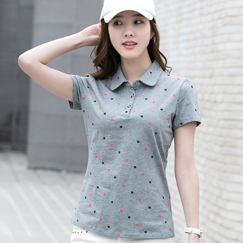 纯棉翻领短袖t恤女有领运动polo衫全棉女土带领短轴体桖丅恤七血